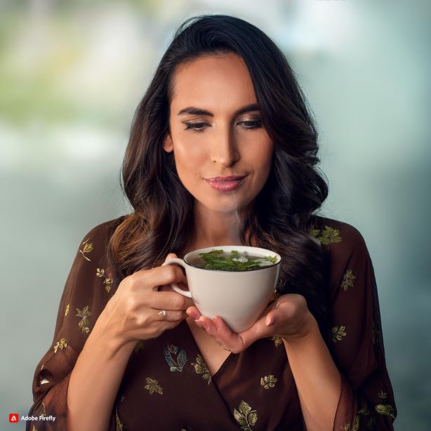 Immagine di una donna che beve una tisana e prodotti depurativi e disintossicanti naturali